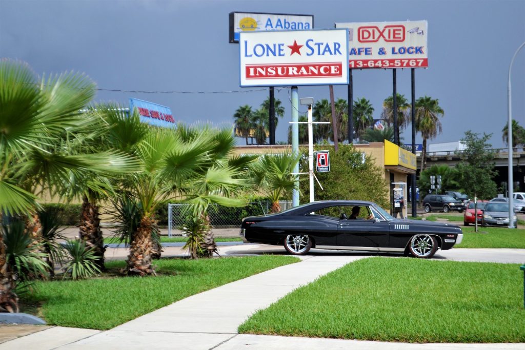 A parked car beside short palm trees and billboards